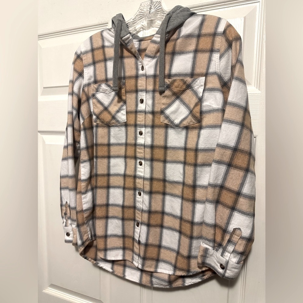 Cabela’s Natural Reflections tan/gray/white hooded flannel shirt. Size Medium. - Picture 1 of 7